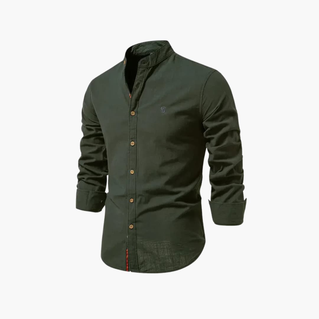 Men's long-sleeved shirt with stand-up collar and button closure