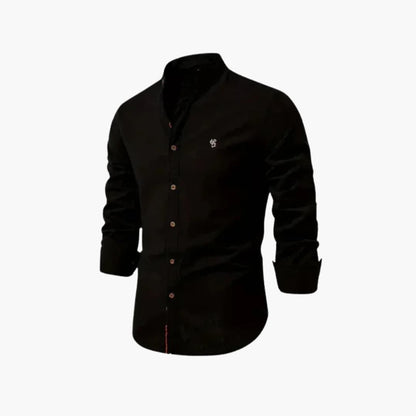 Men's long-sleeved shirt with stand-up collar and button closure