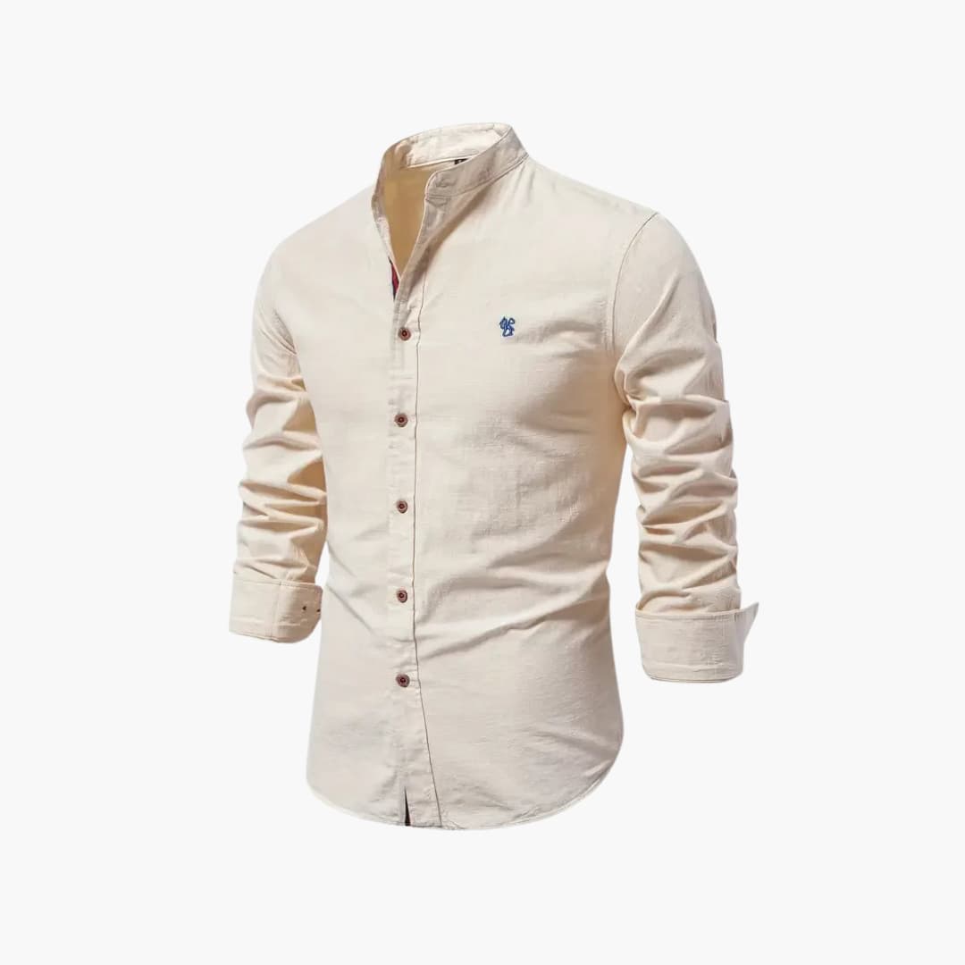 Men's long-sleeved shirt with stand-up collar and button closure
