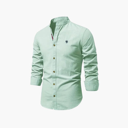 Men's long-sleeved shirt with stand-up collar and button closure