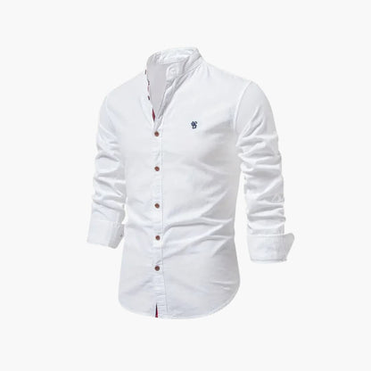 Men's long-sleeved shirt with stand-up collar and button closure