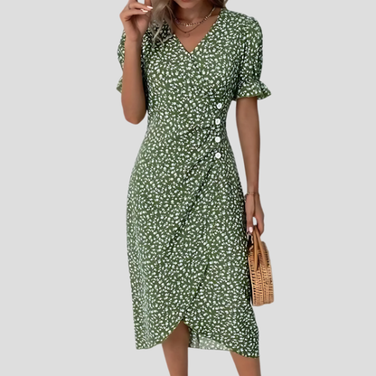 Chloe | Women Summer Midi Dress Floral Print V-Neck Wrap Front Side Buttons
