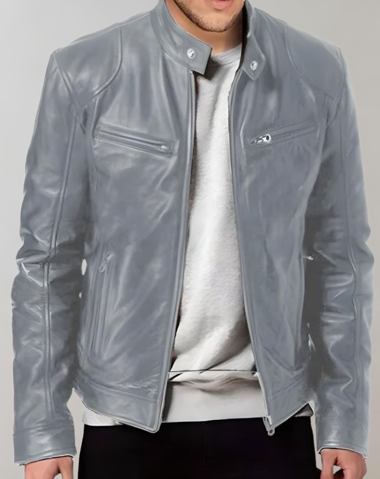 Men’s Shiny Leather Jacket – Stylish Durable Comfortable Zip Up Casual Smart Everyday Outerwear