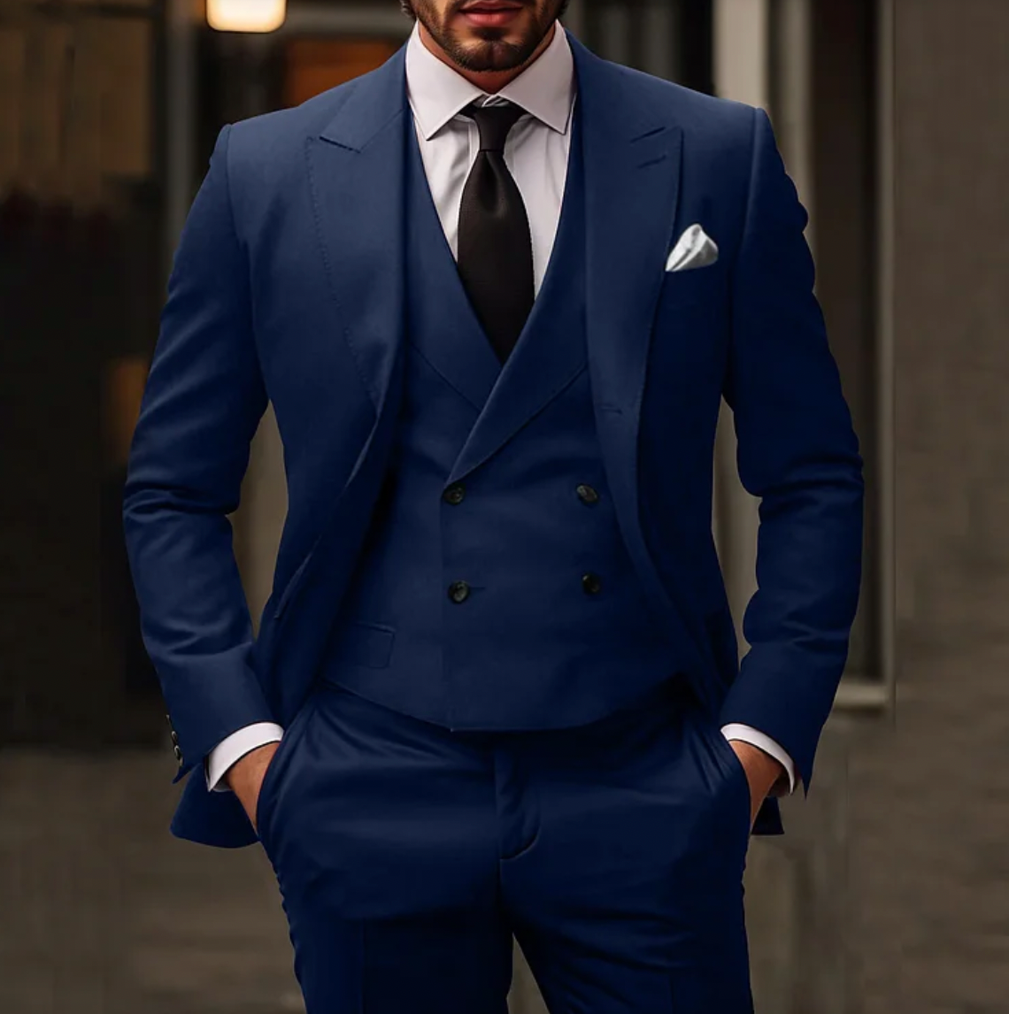 Homme en costume bleu marine élégant, cravate noire, gilet croisé, chemise blanche, posant avec assurance. Mode masculine, style formel.
