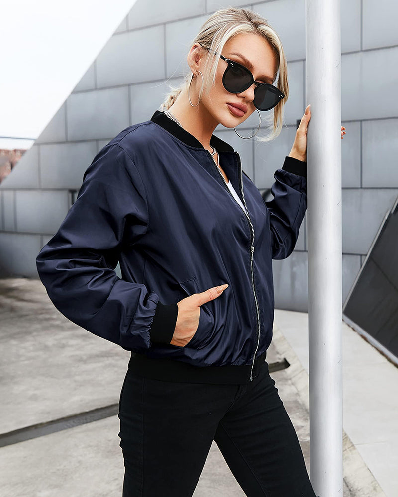 Ambrine - Klassischer Bomber für den Frühling für Frauen, mit Reißverschluss und Taschen