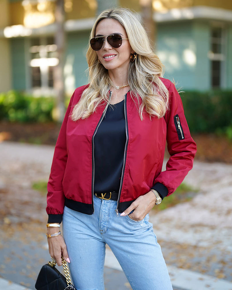 Ambrine - Klassischer Bomber für den Frühling für Frauen, mit Reißverschluss und Taschen