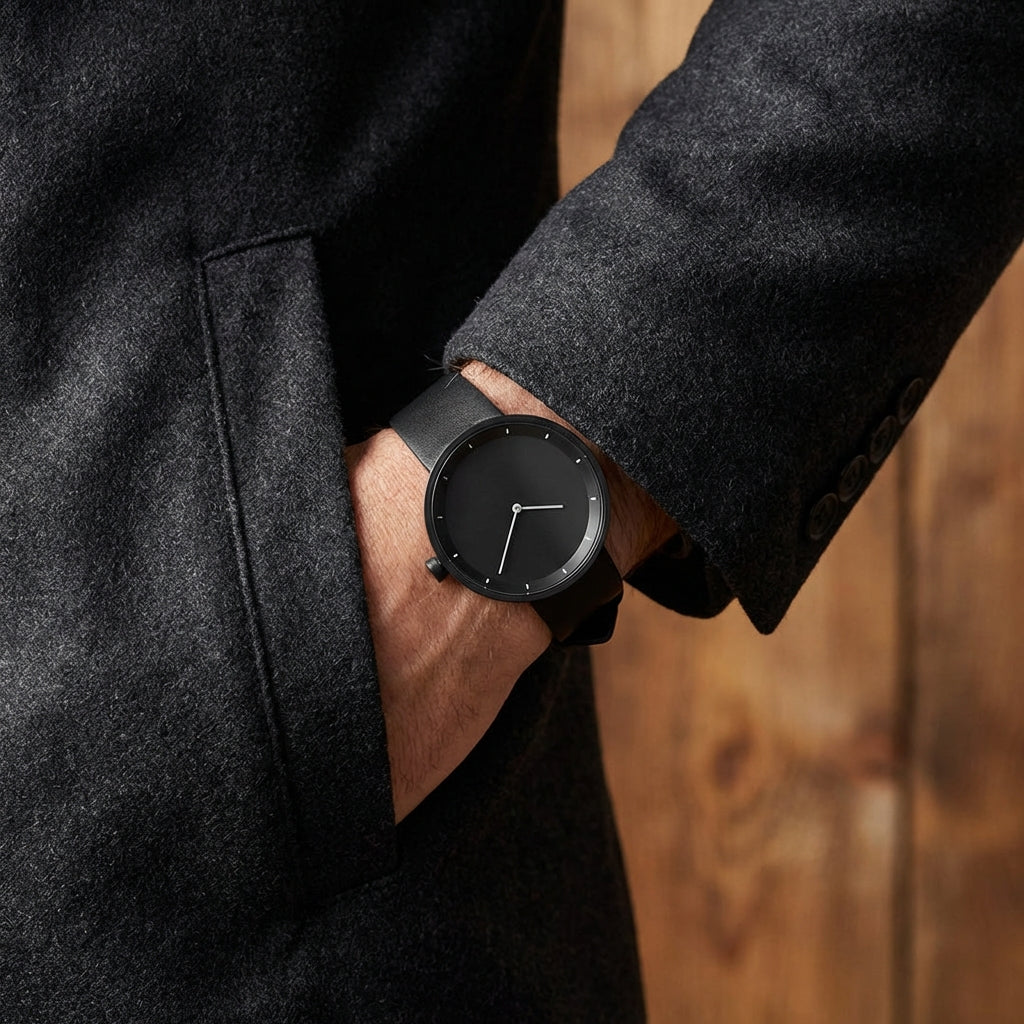 Clean Men’s Minimalist Watch With Slim Case And Leather Strap