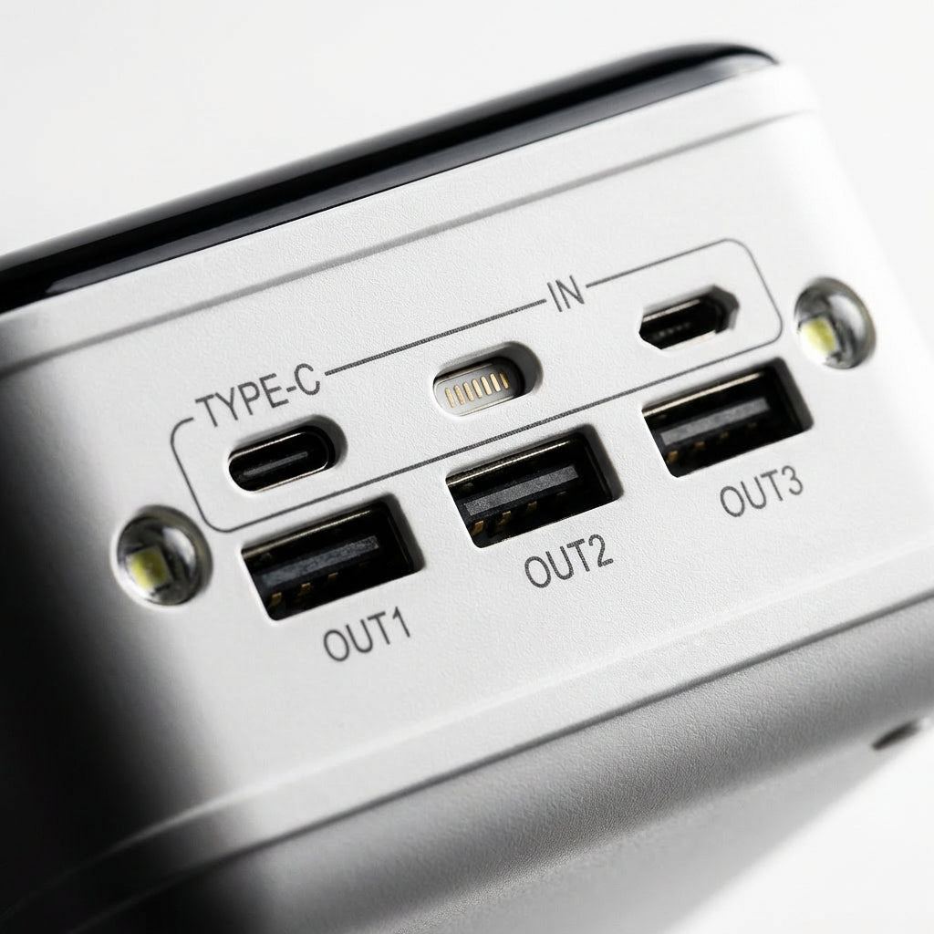 White High-Capacity Power Bank Detail Close-Up - Multiple USB Port Array - Jurni