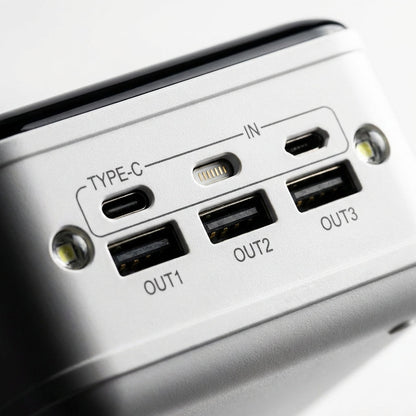 White High-Capacity Power Bank Detail Close-Up - Multiple USB Port Array - Jurni