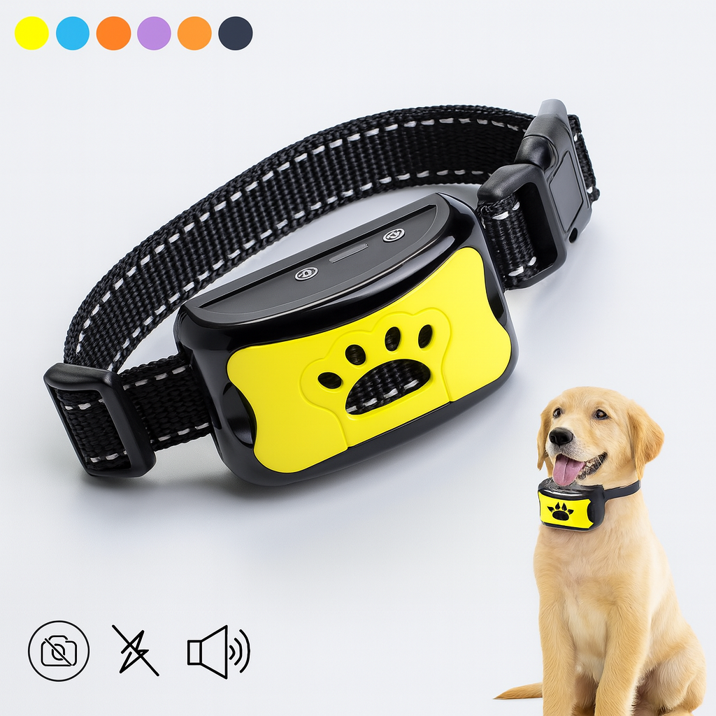 Collier anti-aboiement jaune pour chien avec motif patte, réglable, technologie de détection sonore, idéal pour dressage canin.