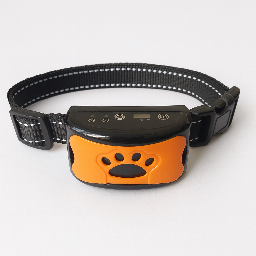 Collier anti-aboiement pour chien, orange et noir, avec capteur de vibration et boutons de réglage. Accessoire de dressage efficace et moderne.