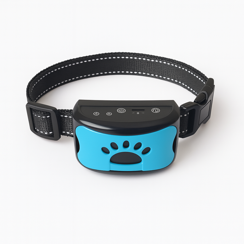 Collier anti-aboiement pour chien, noir et bleu, avec capteur intelligent et sangle réglable. Accessoire de dressage pour animaux de compagnie.