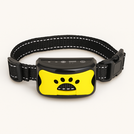 Collier anti-aboiement pour chien, jaune et noir, avec capteur intelligent, sangle réglable en nylon, technologie de détection sonore avancée.