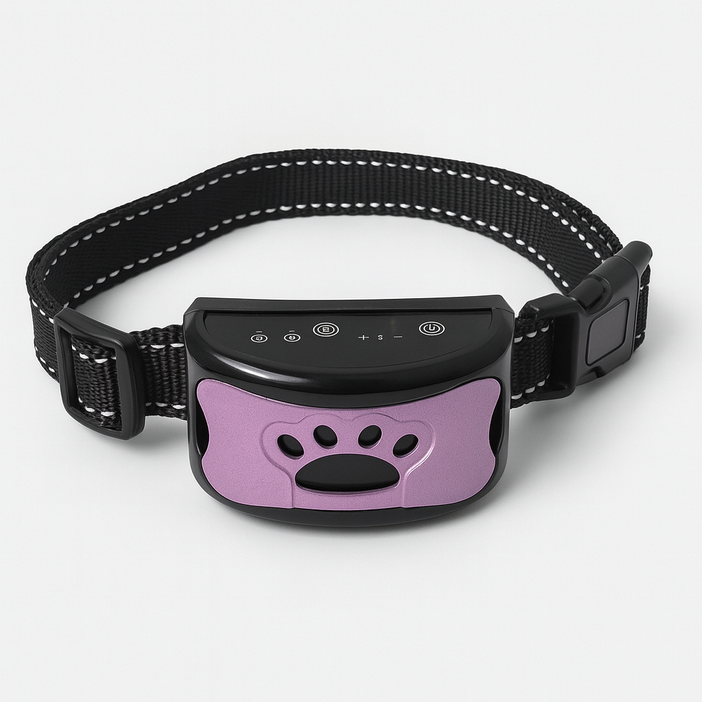 Collier anti-aboiement pour chien, noir et violet, avec capteur intelligent et design patte. Accessoire dressage canin, technologie moderne.