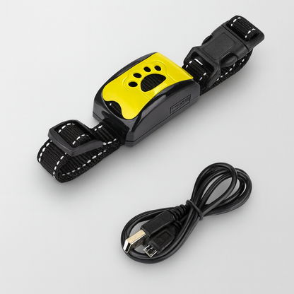 Collier anti-aboiement pour chien avec boîtier jaune et noir, boucle réglable, et câble de chargement USB. Accessoire dressage canin efficace.