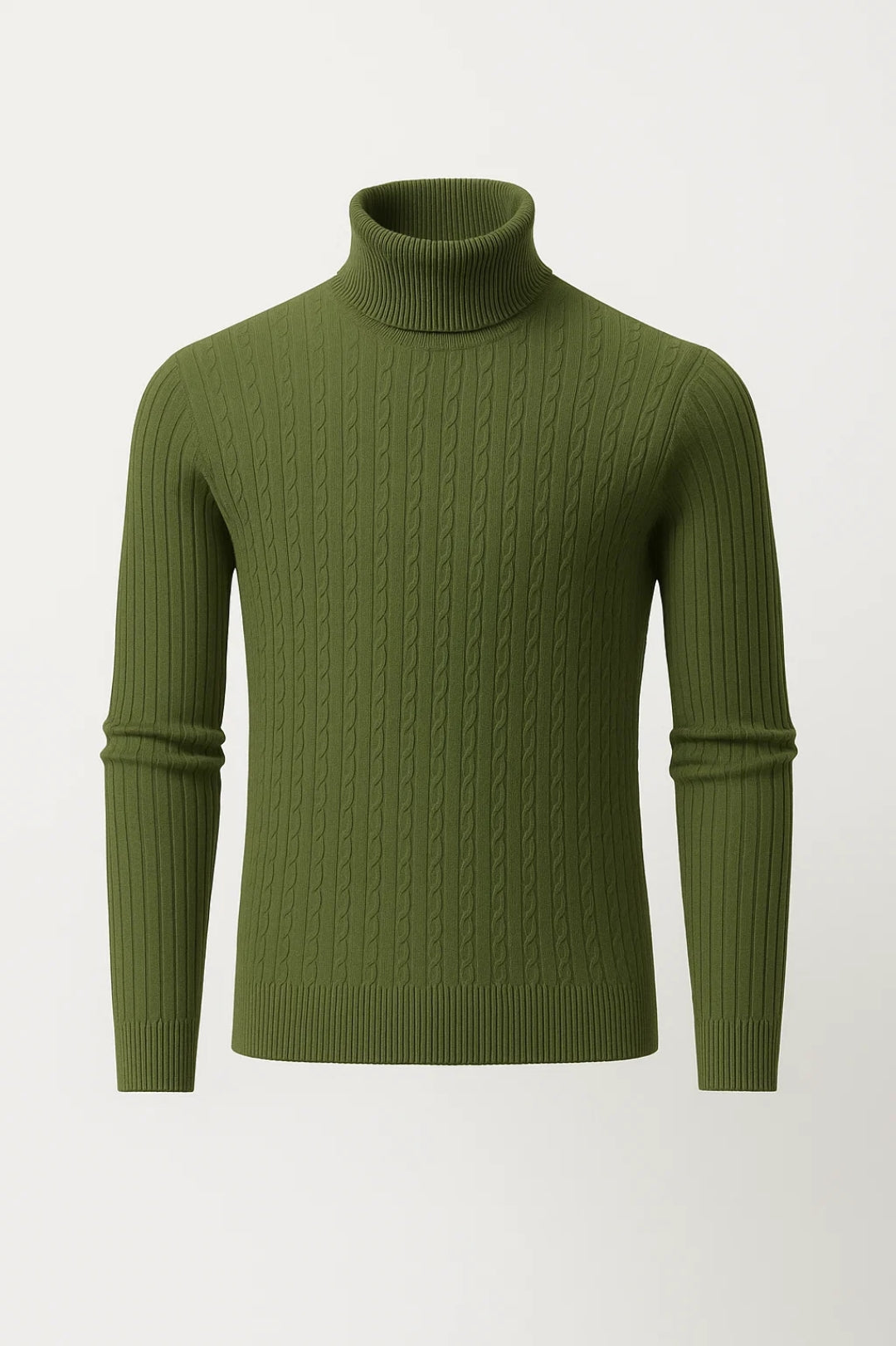 Pull col roulé vert olive en maille torsadée, manches longues, style élégant et moderne. Mode automne-hiver, vêtement chaud et confortable.
