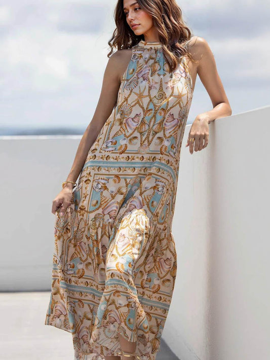 Elegant Satin Maxi Dress with Marine Treasure Pattern