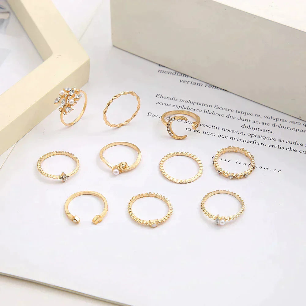 10 paket boho srebrnih in zlatih prstanov – Set prstanov z boho šarmom