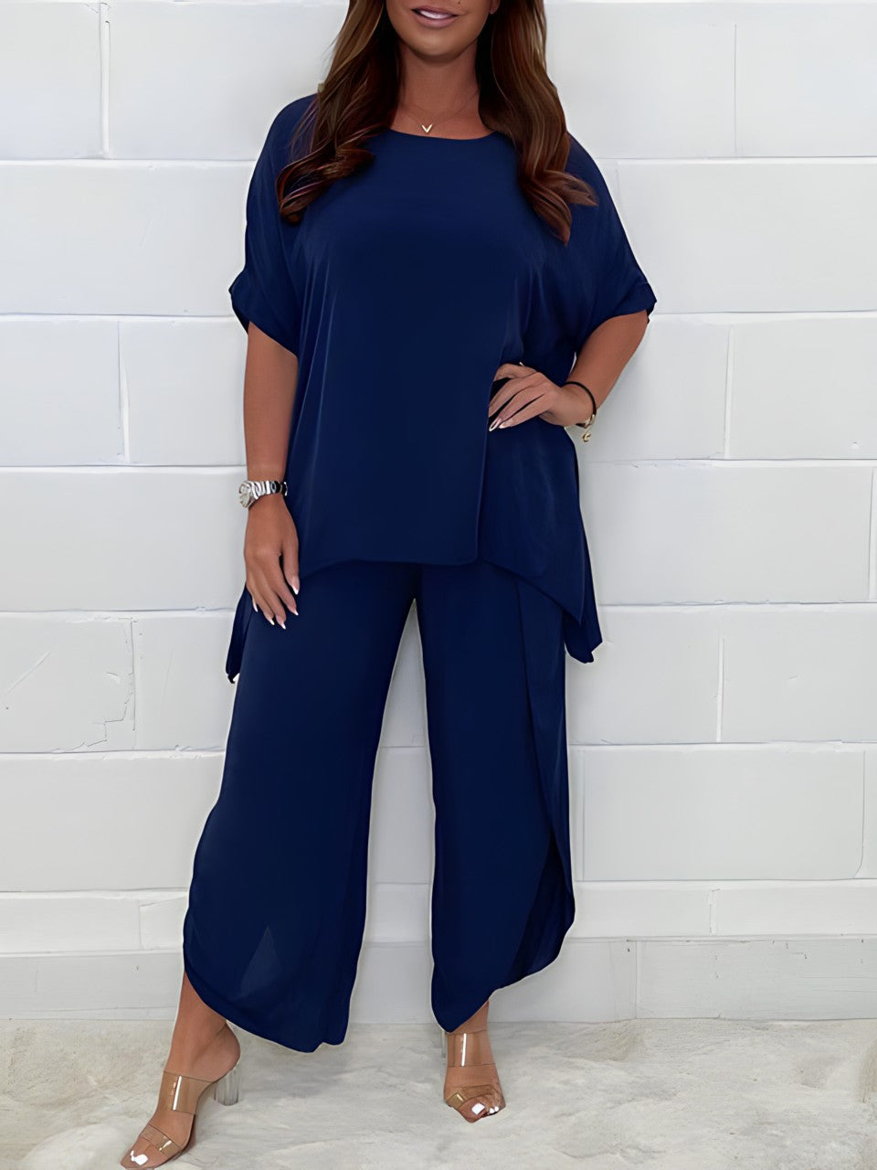 Ensemble Deux Pièces Élégant Femme – Haut à Manches Courtes et Pantalon Large Décontracté