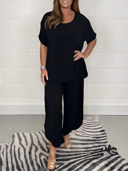 Ensemble Deux Pièces Élégant Femme – Haut à Manches Courtes et Pantalon Large Décontracté