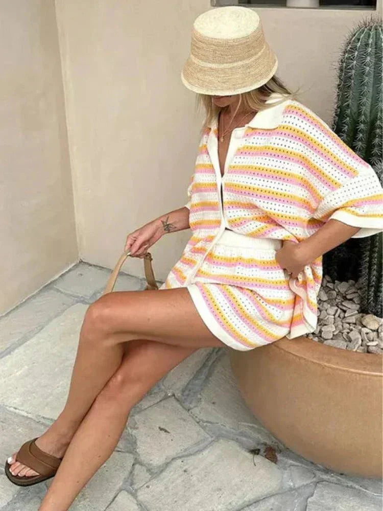 Arden | Striped Knit Two-Piece Set with Button-Up Top & Shorts | Women’s Summer Casual Co-Ord Lounge Outfit | T-Shirt