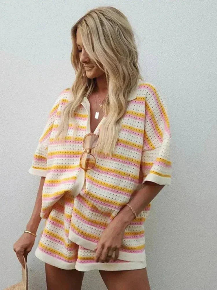 Arden | Striped Knit Two-Piece Set with Button-Up Top & Shorts | Women’s Summer Casual Co-Ord Lounge Outfit | T-Shirt