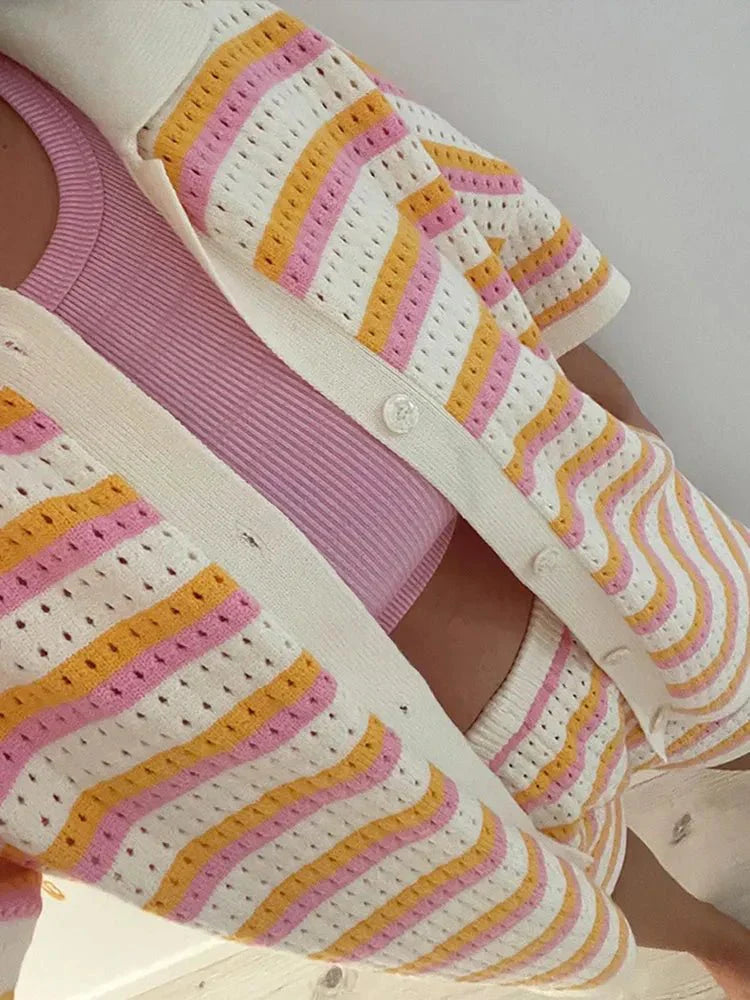 Arden | Striped Knit Two-Piece Set with Button-Up Top & Shorts | Women’s Summer Casual Co-Ord Lounge Outfit | T-Shirt