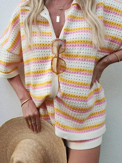 Arden | Striped Knit Two-Piece Set with Button-Up Top & Shorts | Women’s Summer Casual Co-Ord Lounge Outfit | T-Shirt