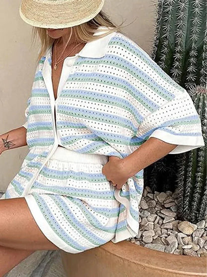 Arden | Striped Knit Two-Piece Set with Button-Up Top & Shorts | Women’s Summer Casual Co-Ord Lounge Outfit | T-Shirt
