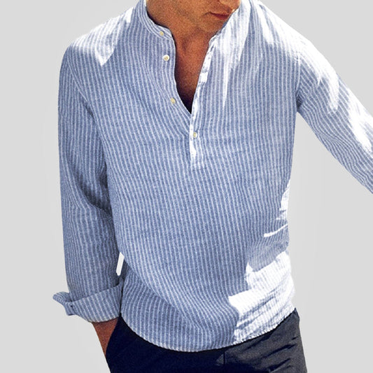 Cotton-Linen Blend Men's Shirt, Long Sleeve Henley with Band Collar – Striped Casual and Semi-Formal Top 0