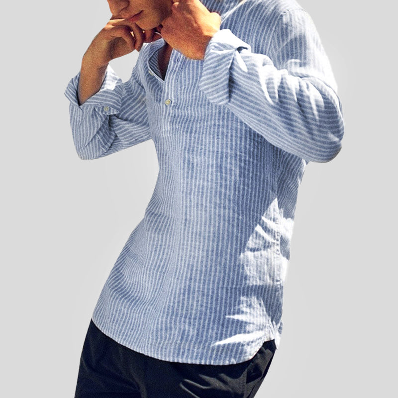 Cotton-Linen Blend Men's Shirt, Long Sleeve Henley with Band Collar – Striped Casual and Semi-Formal Top 1