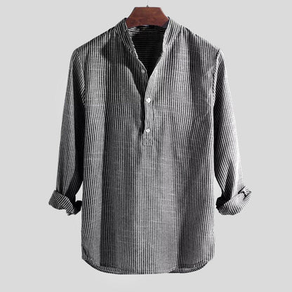 Cotton-Linen Blend Men's Shirt, Long Sleeve Henley with Band Collar – Striped Casual and Semi-Formal Top 4