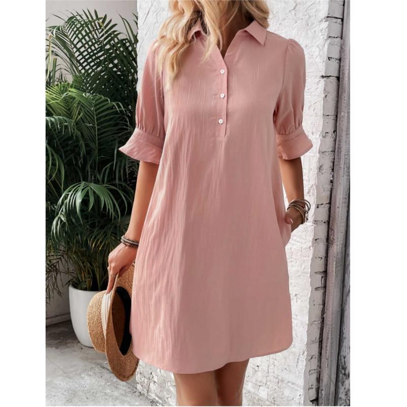 Women's Button-Down Shirt Dress 3/4 Sleeve Knee Length