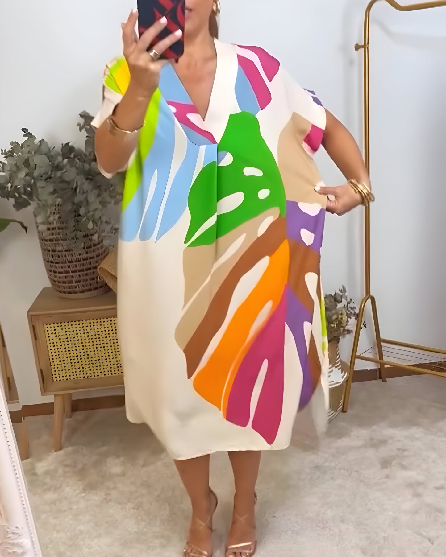 Robe Femme Imprimé Feuillage Coupe Ample Col V Style Décontracté