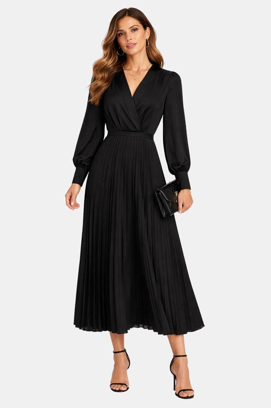 Dafne - Pleated V Neck Puff Sleeve Long Sleeve Long Dress