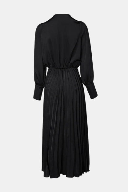 Dafne - Pleated V Neck Puff Sleeve Long Sleeve Long Dress