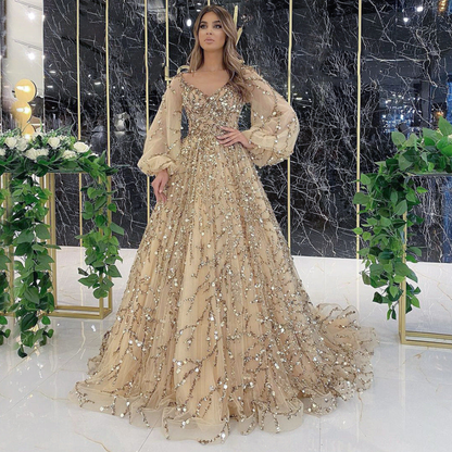 Daisy | Women Prom Maxi Dress V-Neck Sheer Puff Sleeves Embellished Full Skirt
