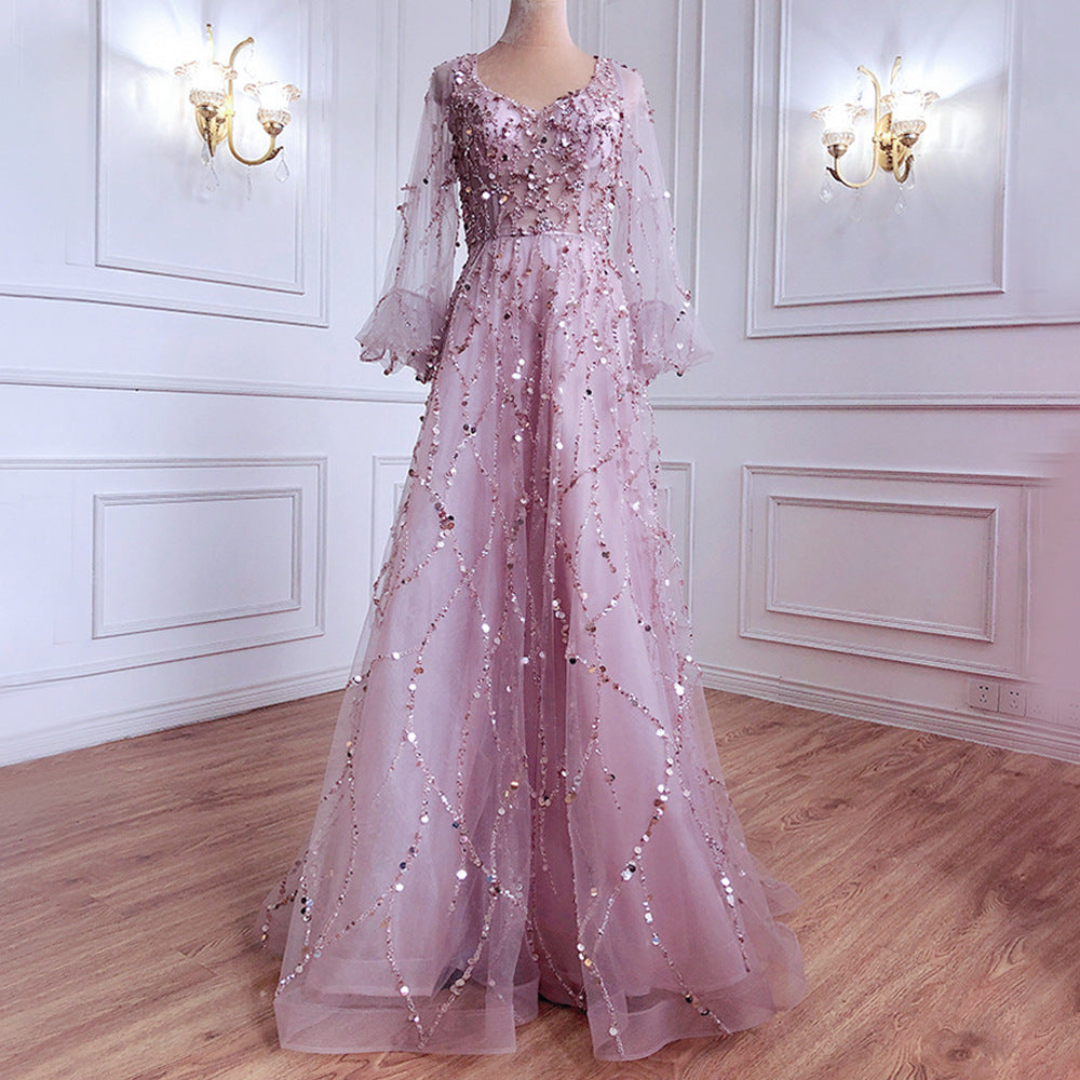 Daisy | Women Prom Maxi Dress V-Neck Sheer Puff Sleeves Embellished Full Skirt
