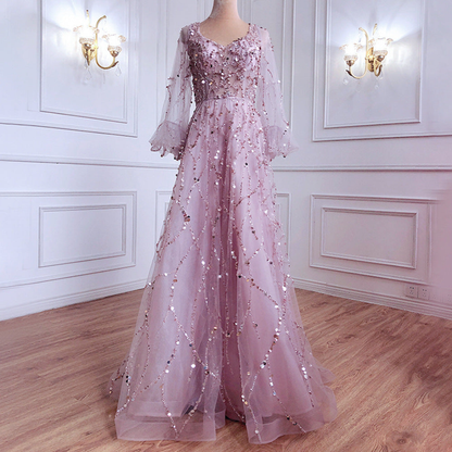 Daisy | Women Prom Maxi Dress V-Neck Sheer Puff Sleeves Embellished Full Skirt