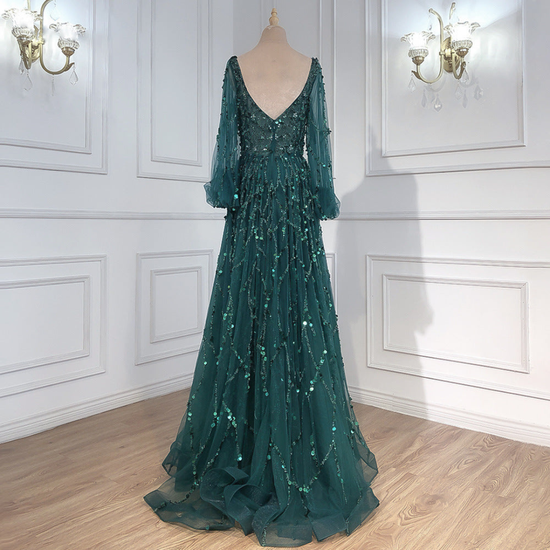 Daisy | Women Prom Maxi Dress V-Neck Sheer Puff Sleeves Embellished Full Skirt