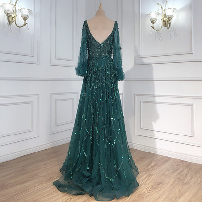 Daisy | Women Prom Maxi Dress V-Neck Sheer Puff Sleeves Embellished Full Skirt