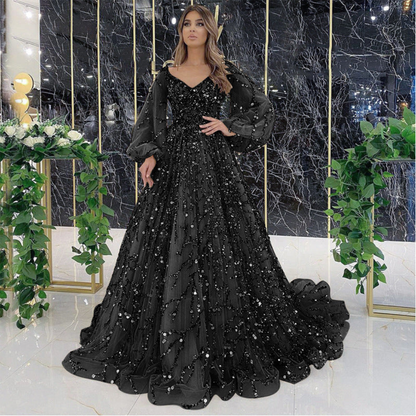 Daisy | Women Prom Maxi Dress V-Neck Sheer Puff Sleeves Embellished Full Skirt