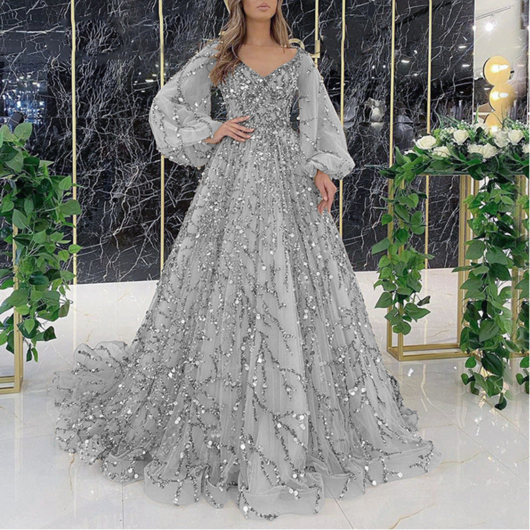 Daisy | Women Prom Maxi Dress V-Neck Sheer Puff Sleeves Embellished Full Skirt
