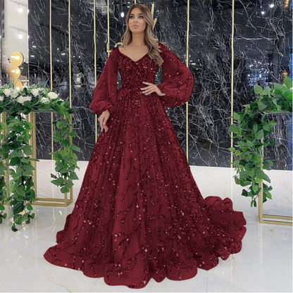 Daisy | Women Prom Maxi Dress V-Neck Sheer Puff Sleeves Embellished Full Skirt