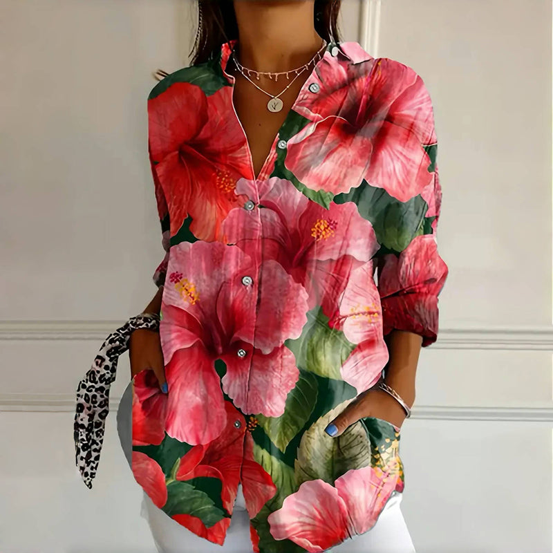 Dame bluse | Langærmet bluse med blomsterprint