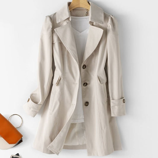 MEELANO Lang Trenchcoat til Kvinder – Klassisk Design & Knaplukning Beige
