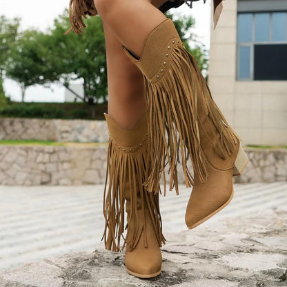 Suede Tassel Western Boots with Studded Detailing for Spring