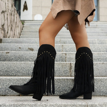 Suede Tassel Western Boots with Studded Detailing for Spring