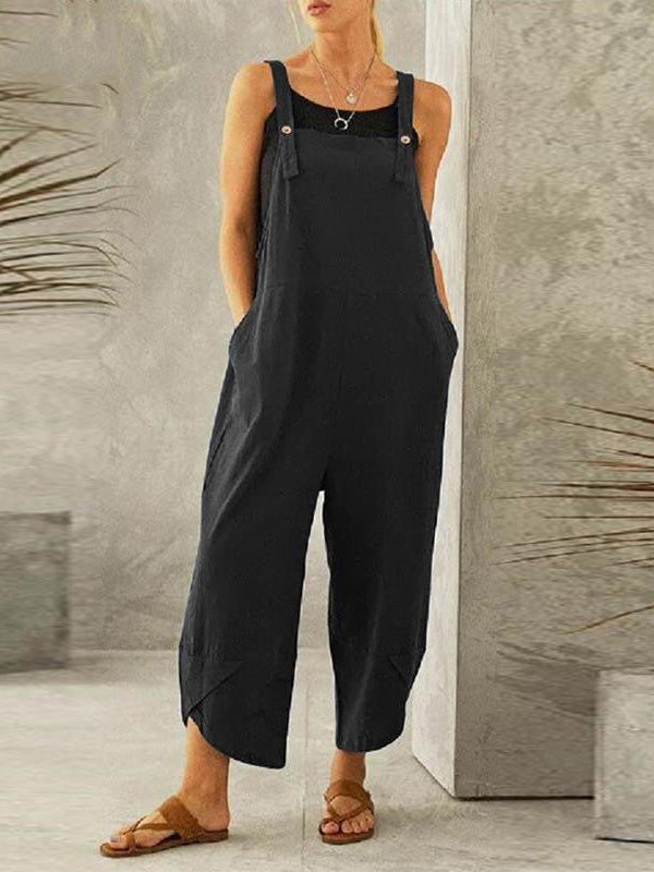SUENTA Damen-Latzhose Mit Knöpfen Verstellbare Hosenträger Mit Knöpfen Zwei Taschen Schwarz