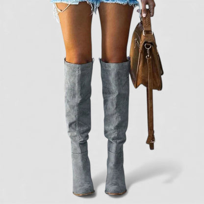 Damen Stiefel mit Blockabsatz - Overknee Stiefel - Spitze Form